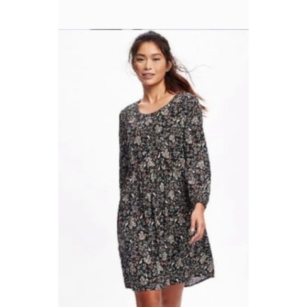 $25 NWT OLD NAVY long sleeve babydoll dress S Tall black blue floral bunny zips - Picture 3 of 14